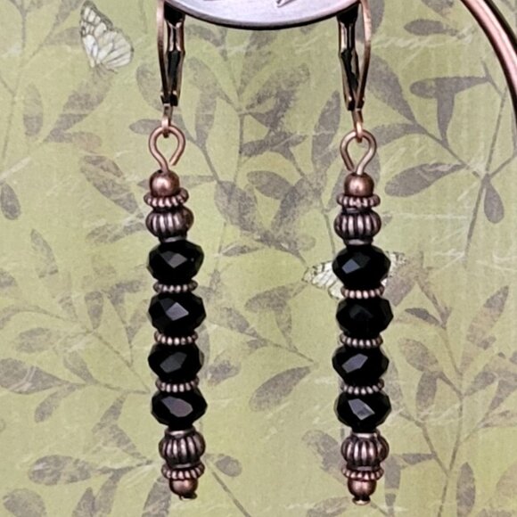 Black CRYSTAL Rondelle EARRINGS Copper Brass Lever Back Earwires Art Deco - Picture 6 of 9